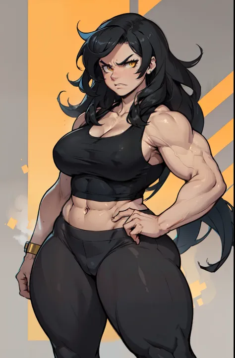 (((((muscular 1 girl))))) (thick thighs huge breasts wide hips curvy toned body) (angry) yellow eyes black hair very long hair pale skin solo tank top leggings, mound