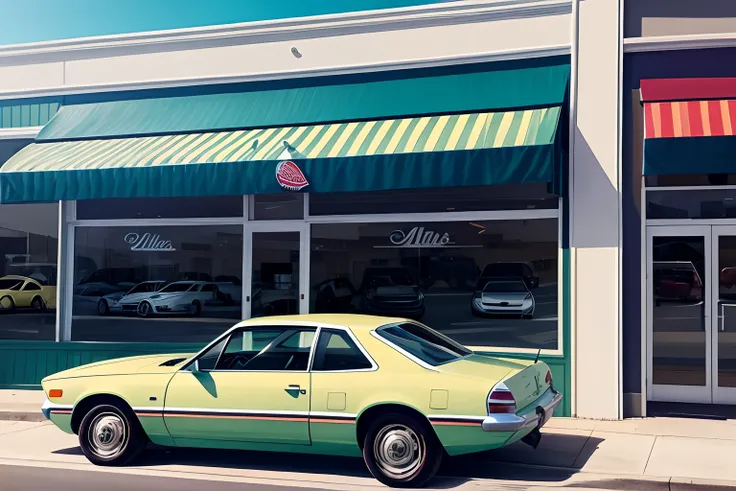 painting of a car parked in front of a store