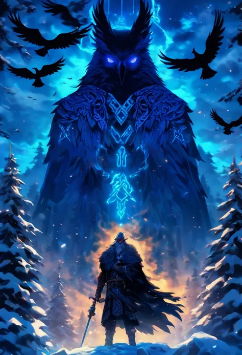 the best quality, very high resolution, detailed 4K CG, master piece, Odin, Norse god, elderly, eye patch, two ravens, rune tattoos, snow, tall trees, blue sky, Norse mythology, rune tattoo, beautiful aesthetics, Beautiful image, centered on screen