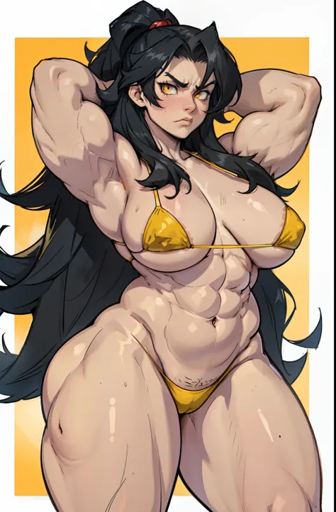 (((((muscular 1 girl))))) (thick thighs huge breasts wide hips curvy toned body) (angry) yellow eyes black hair very long hair pale skin solo micro bikini, mound, armpits, arms over head