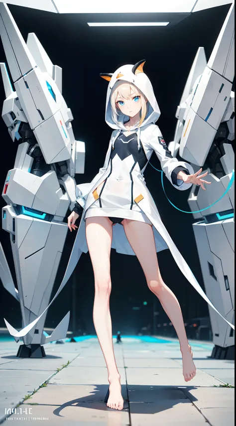 (full body:1.3),dynamic pose,1girl,russian, pale skin,delicate face,blue eyes:1.3,freckles,(mecha penguin hoodie:1.3,small panty:1.3),(thigh gap:1.3,legs:1.3,one hip up,barefoot),white background,(best quality:1.2,ultra-detailed,realistic:1.37),soft colors...