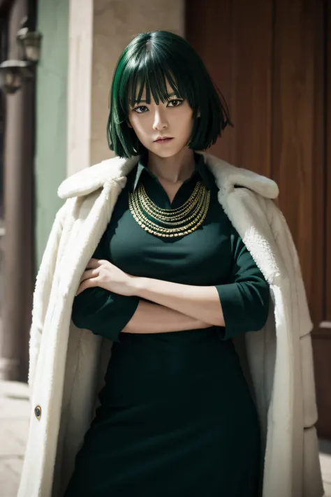 (masterpiece, best quality:1.2), cowboy shot, solo, 1girl, fubuki, expressionless, crossed arms, green hair, taut clothes, fur coat, jewelry, necklace