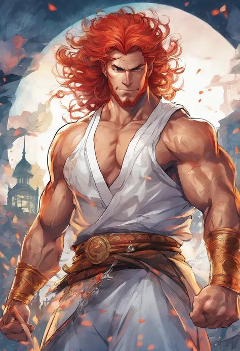 red-haired strong man, muscular, white kimono, arms crossed, piercing gaze, firepower, a king, a man with a daunting presence. 
(best quality,4k,8k,highres,masterpiece:1.2), ultra-detailed, (realistic,photorealistic,photo-realistic:1.37), HDR, UHD, studio ...