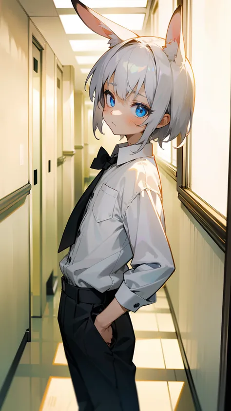 1rabbit boy,(small,loli,little boy),solo,silver hair,long rabbit ear,blue eyes,short hair,white shirt,black tie,black pants,inno...