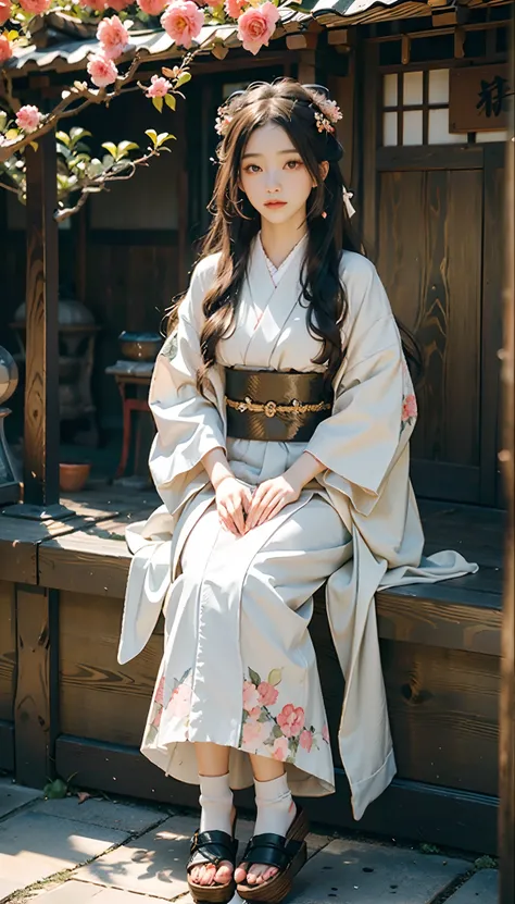 meticulous portrayal of face，1 noblewoman，(Hairpins)，(Camellia kimono)，(Long flowing colored hair)，Simple and elegant Japanese clothing，Collar，(black sock+，clogs)， s the perfect face， perfect hand， Perfect Finger， Perfect lips， perfect  eyes，Extremely norm...