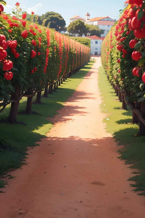 / imagine um campo de macieiras repleto de frutos lindos e vermelhos sob a incidencia de raios de sol ao amanhecer