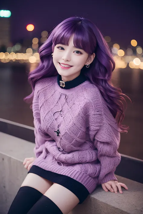 masterpiece, best quality, in summer, stars, cityscape, realistic, photo, real, huge_filesize, wallpaper, little girl, medium hair, purple hair, wavy hair, cute face, smirk, sweater dress, white thighhighs, boots, earrings, collar, pendant,