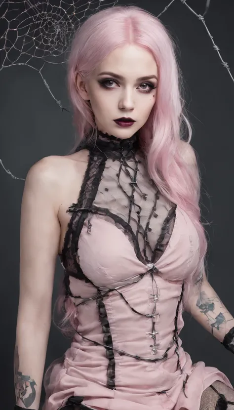 Girl with gothic net symbolic clothes, 。.com (Barbed wire of the body) pink color hair，Gray hair ends, big boobs, fashionista, jru852fj0&$