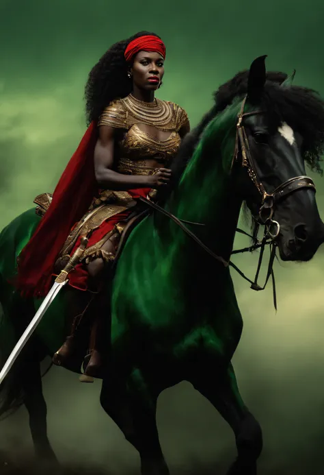 ((((African Warrior Girl Sitting on a Black Horse, Haut rouge, Jupe verte, holding two swords, clenched teeth) combat (homme Africain, barbe noir, frizzy hair, Two swords, cheval noir, standing, courrier, crier, Angry, cap, do, ennemis, Princesse, guerre, ...