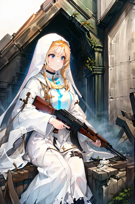 4K,hight resolution,One Woman,a blond,Longhaire,Cultivated woman,White sacred nun long dress,White hood,crosses,akm,ak-47,The sky of a ruined city,nigh sky,natta