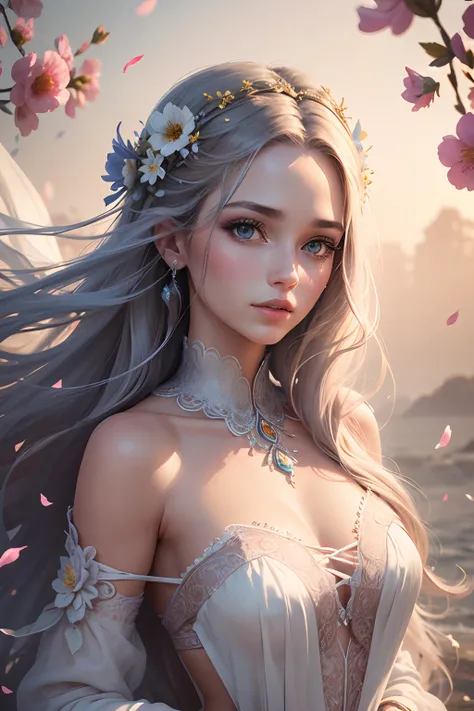 This work is dreamy and ethereal, com cores inspiradas em aquarelas suaves, principalmente rosa. Gere uma delicada e recatada donzela flor com macio, Realistic hair dancing in the breeze. Seu doce, Realistic face is extremely detailed and has swollen, Big,...