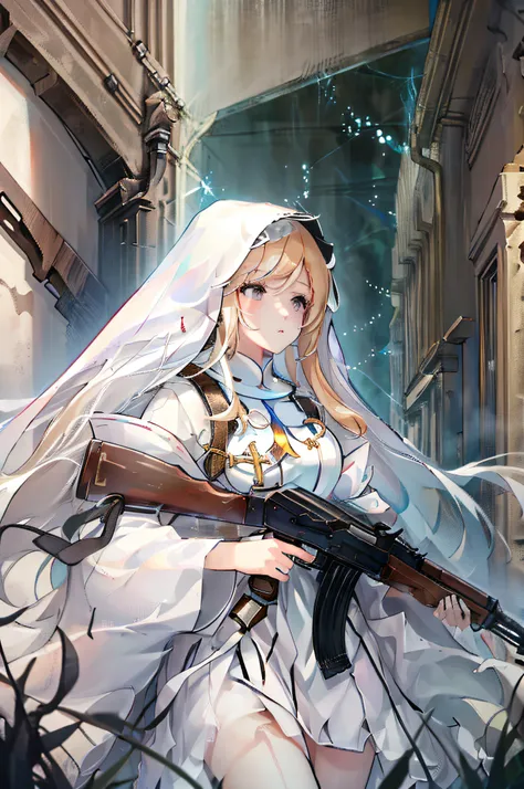 4K,hight resolution,One Woman,a blond,Longhaire,Cultivated woman,White sacred nun robe,White hood,akm,ak-47,ruined and devastated city