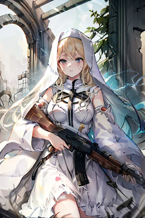 4K,hight resolution,One Woman,a blond,Longhaire,Cultivated woman,White sacred nun dress,White hood,crosses,akm,ak-47,ruined and devastated city