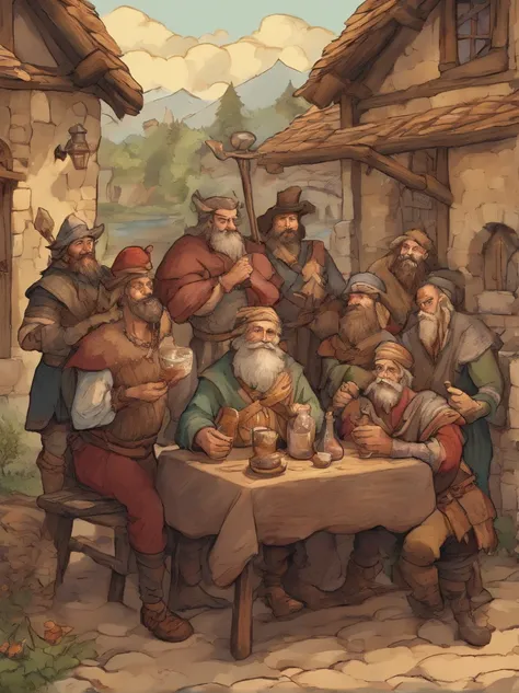 Un grupo de hombres barbudos y bigotudos en la Europa medieval bebiendo cerveza en una taberna, Poco probable, 8K resolution , Obra maestra