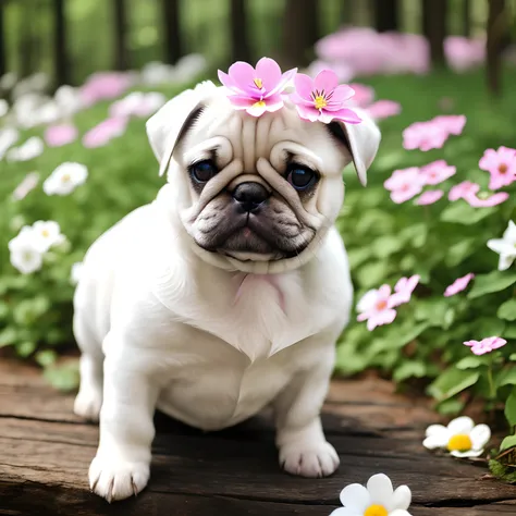 White puppy pug、、the woods、Cute flowers on the head、play、