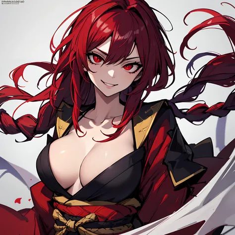 (absurdres, 8k, 4k, masterpiece, hyper extreme detailed:1.2), solo, 1girl, front view, perfect face, 1girl, portrait, expressive eyes, solo, perfect anatomy, evil eyes, female, medium boobs, red kimono, flowers, long red hair, windy, braided hair, evil smi...