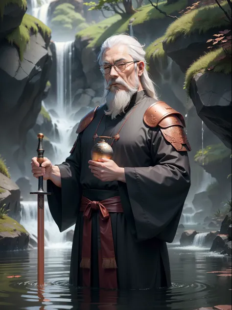 A Taoist priest, The Oriental face is dressed in black Hanfu, 65 yeas old, Round glasses，gray hair and beard, standing in water, Copper bell in hand，The sword，Next to it is a barrier formed by water, The background is a waterfall, Ultra-wide angle, Masterp...