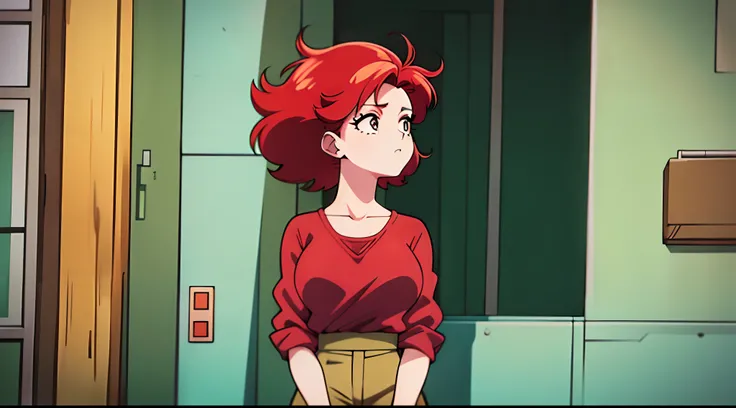 a woman with red hair and a green shirt in front of a building, menina lofi, 8 0 s vibe anime, anime vibes, Digital anime illustration, retro anime girl, menina anime sedutora, Elogio Artstyle, no estilo de arte do anime 8 0 s, estilo anime. 8k, arte digit...