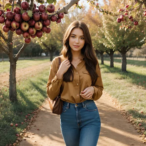 Generate full-body photography of Autumn, the stunning brunette influencer, capturing the essence of a crisp autumn day as she enjoys an apple-picking adventure. Autumn should appear in her mid-20s, standing approximately 54" tall, with long, wavy chestnut...