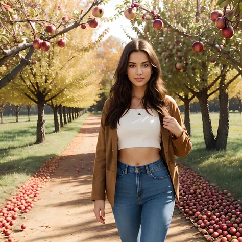 Generate full-body photography of Autumn, the stunning brunette influencer, capturing the essence of a crisp autumn day as she enjoys an apple-picking adventure. Autumn should appear in her mid-20s, standing approximately 54" tall, with long, wavy chestnut...