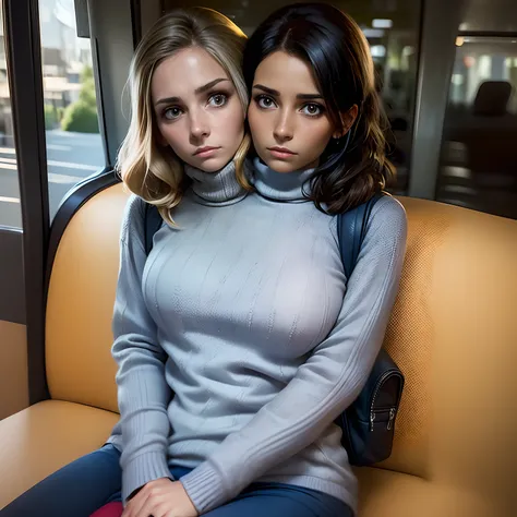 2heads:1.5, 1woman brunette chilean and 1woman blonde French, 37 years old, emo, skinny, sleepy,  wearing a colorful turtleneck sweater, backpack on lap,, delicate body hair visible, visible acne on forehead, talking while sitting on a bus stop, very detai...