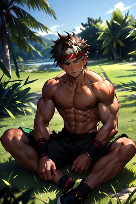 (Masterpiece, Best quality 12 year old boy，Shota), 1boys, Young,Muscular, Short hair, with brown eye, Intricate, Grass, full bodyesbian, Shirtless, Muscles sparkle in the sun,Black shorts,  green headband, Vivid colors,(Depth of field:1.2),(Abs),Blush, vie...