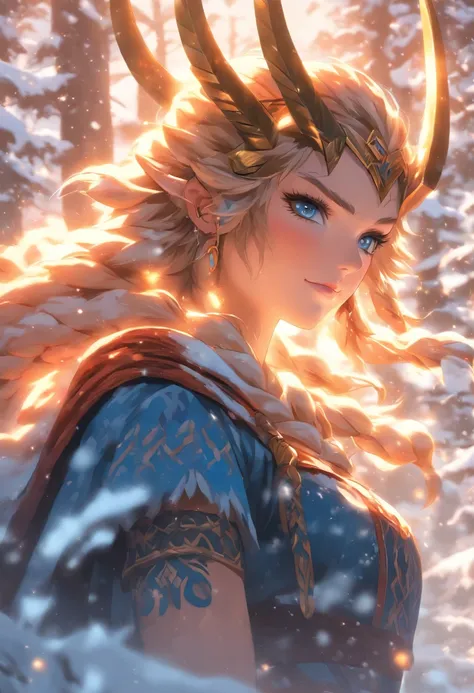 the best quality, very high resolution, detailed 4K CG, master piece, Freyja, Goddess of beauty, Norse Goddess, woman, rune tattoos, snow, tall trees, blue sky, Norse Mythology, Rune Tattoo, beautiful aesthetics, Beautiful image