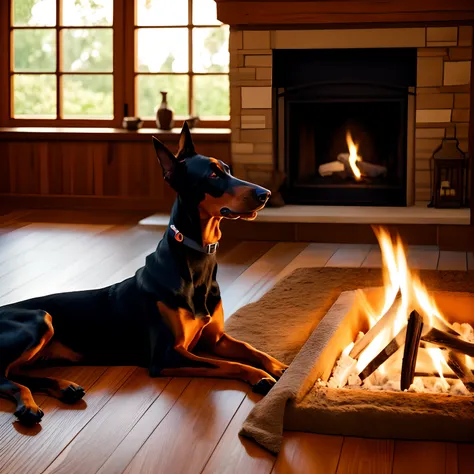 Doberman、Dog relaxing in front of a warm fireplace、and soft natural lighting