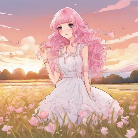 white color hair，Pink Long Curly Hair，Hazel Eyes，White Lolita，Beth，grass field