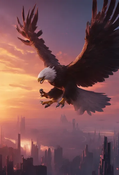 (extremely detailed CG unit8k wallpaper, Master parts, Best quality), amazing sunset, The eagle flies over the horizon.