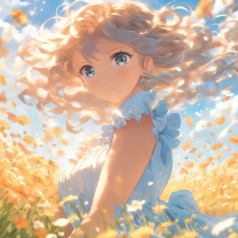 full bodyesbian、Angle from below、Hair fluttering in the wind of white color、Hazel Eyes、Wearing a light blue dress、flower  field