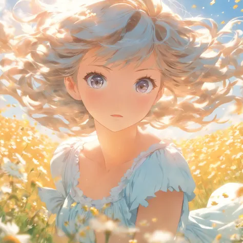 full bodyesbian、Angle from below、Hair fluttering in the wind of white color、Hazel Eyes、Wearing a light blue dress、flower  field