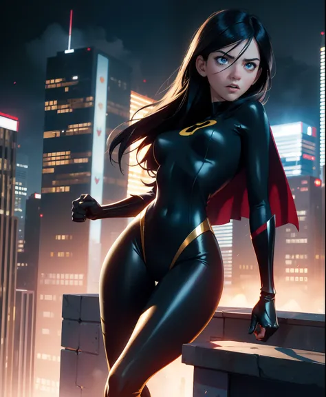 best quality,realistic,detailed,portrait,girl,superhero,in action,with intense expression,striking eyes,shiny black hair,shapely legs,in a dynamic pose,with vibrant colors,with dramatic lighting,standing on a rooftop,cityscape in the background,with a sens...