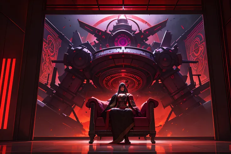 A Hindu mandala in the colors red purple and red, smoke, sinister, neon ambiance, abstract black oil, gear mecha, detailed acrylic, grunge, intricate complexity, rendered in unreal engine, photorealistic