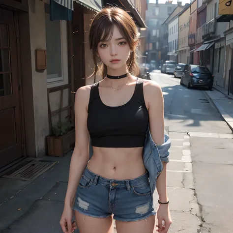 ((Medium chest, small head)), Daylight, Sunlight, (well-defined abs: 1.1), (Perfect body: 1.1), (shorth hair: 1.2), Russet Hair, Collar, chain, Full body photo, Shabby street, wearing a black tank top, Denim jacket, ((Shorts)), (Very detailed CG 8k wallpap...