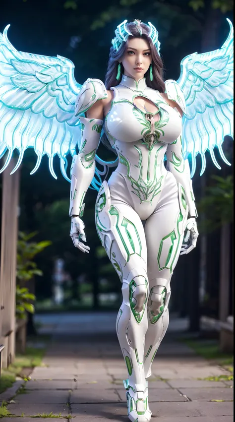 (phoenix head), huge fake boobs, (beautiful face), (light green, white, purple), (((a pair of huge mechanical wings spread out))...