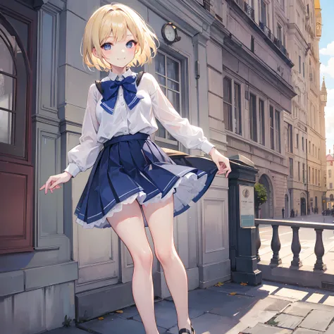 1 girl, smiling, european, skirt, (small) chillerism, short blonde hair, European street