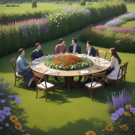 Garden dinner scene，A large table in the middle，People sat around tables，grassy fields，florals，blue-sky，Top-down view