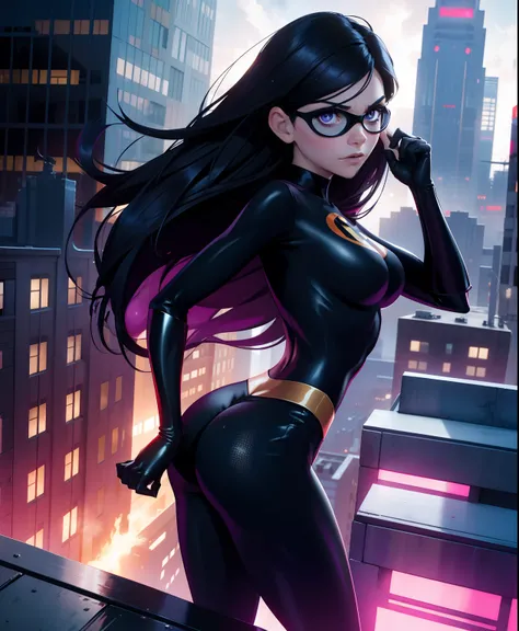 best quality,realistic,detailed,portrait,girl,superhero,in action,with intense expression,striking eyes,shiny black hair,shapely legs,in a dynamic pose,with vibrant colors,with dramatic lighting,standing on a rooftop,cityscape in the background,with a sens...