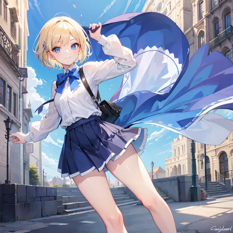 1 girl, smiling, european, skirt, (small) chillerism, short blonde hair, European street