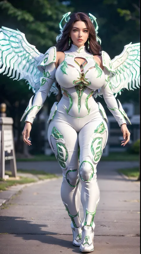 (phoenix head), huge fake boobs, (beautiful face), (light green, white, purple), (((a pair of huge mechanical wings spread out))...