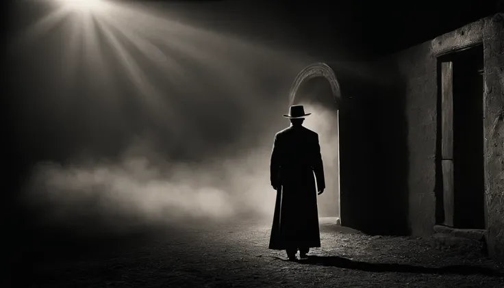 Descreva a cena em que um homem antigo, wearing a hat characteristic of his time, is standing before a door in the darkness. The surrounding environment is plunged into total darkness, exceto pela luz intensa que flui pela porta entreaberta. The smoke that...