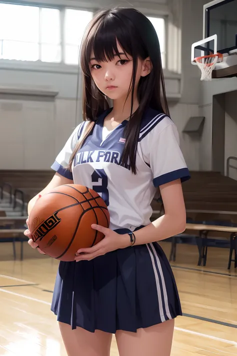 masutepiece、Best Quality、ultra-detailliert、high-level image quality、A hyper-realistic、Basketball Uniforms、17 year old girl holding basketball