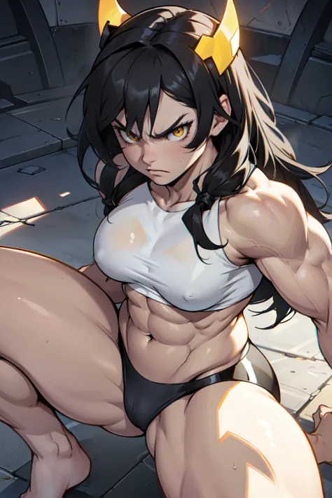 (((muscular))), (thick thighs, small breasts, toned body, 1 girl), black hair, pale skin, yellow eyes, angry, mound very long hair