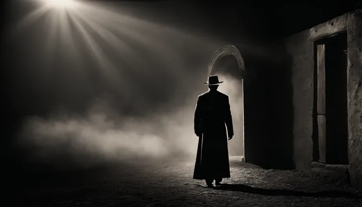 Descreva a cena em que um homem antigo, wearing a hat characteristic of his time, is standing before a door in the darkness. The surrounding environment is plunged into total darkness, exceto pela luz intensa que flui pela porta entreaberta. The smoke that...