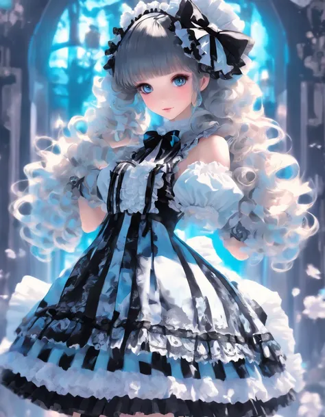 Costume planning theme Halloween, classic lolita, Black-white details, Full body front design, hime lolita girl, loli, lolita dress with frill and lace, (black, white, blue pallette color: 1.3)