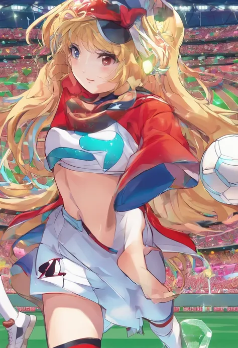 (Kaguya personaje ficticio del anime Kaguya sama solve is war) , 1 mujer, trotando,jugando futbol, Easy concentration expression, ropa de futbol blanca, muslos grandes, pechos grandes, sudor, cabello mojado, (estadio fondo de pantalla CG 8k extremadamente ...