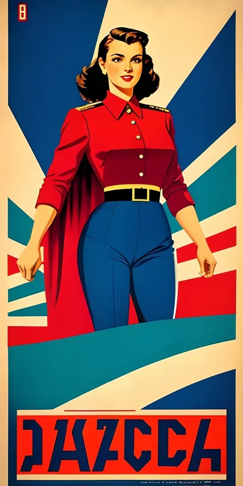 Poster americano segunda guerra mundial, estilo John Buscema ((Cartaz CCCP, Soviet poster)) (A woman with medium-sized dark hair in superhero outfit) propaganda Cartaz, cartaz, Blue sky with fighter jet, hero uniform, 1girl, solo, bom corpo, design de cart...