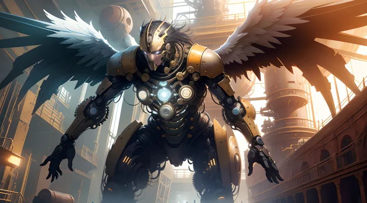 Gigantic Angel with 4 arms and huge mechanical wings with futuristic armor with industrial revolution theme and gears being behind him a star next to a ship in the form of a gear