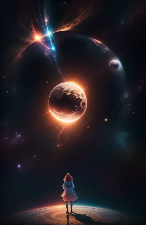 uma mulher, cabelos ruivos, em um vestido longo, corpo perfeito, de costas, standing in front of a large circle of energy into outer space, Another planetary dimension, muitas cores, luzes coloridas  8k --auto --s2